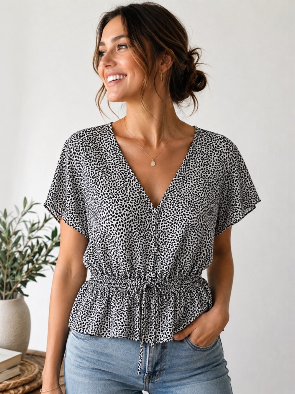 H&M Black & White Printed V-Neck Peplum Top